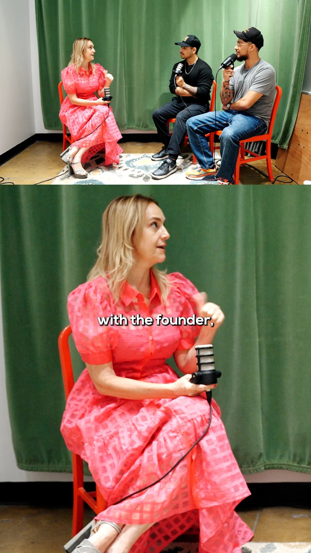 LaCreme founder in a pink dress during a podcast interview with two Haute Shots hosts.